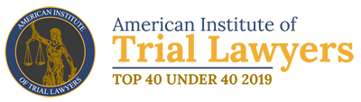 The American Institute of Trial Lawyers logo features a scales of justice design and reads 'Top 40 Under 40 2019.'