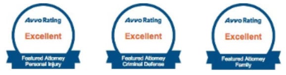 Three blue and white circles display 'Avvo Rating: Excellent' and 'Featured Attorney' labels below.